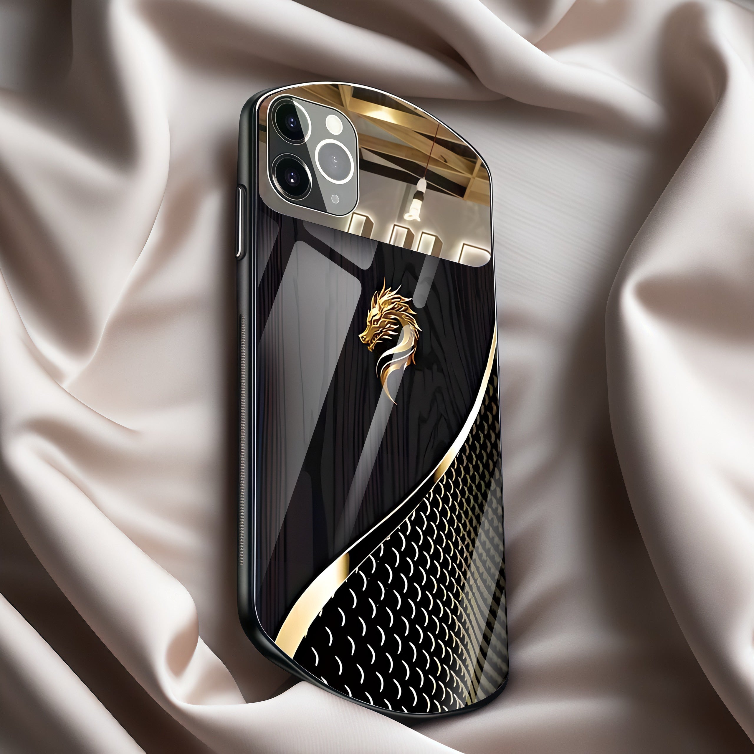 Luxury Golden Dragon Faux Wood Grain Oval Glass Phone Case for iPhone 11 Pro Max and Later Models