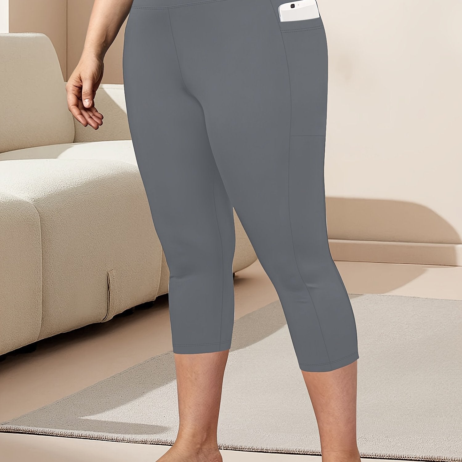 Ayollar uchun katta o'lchamli yuqori belli Capri legginslar, yon cho'ntaklar bilan
