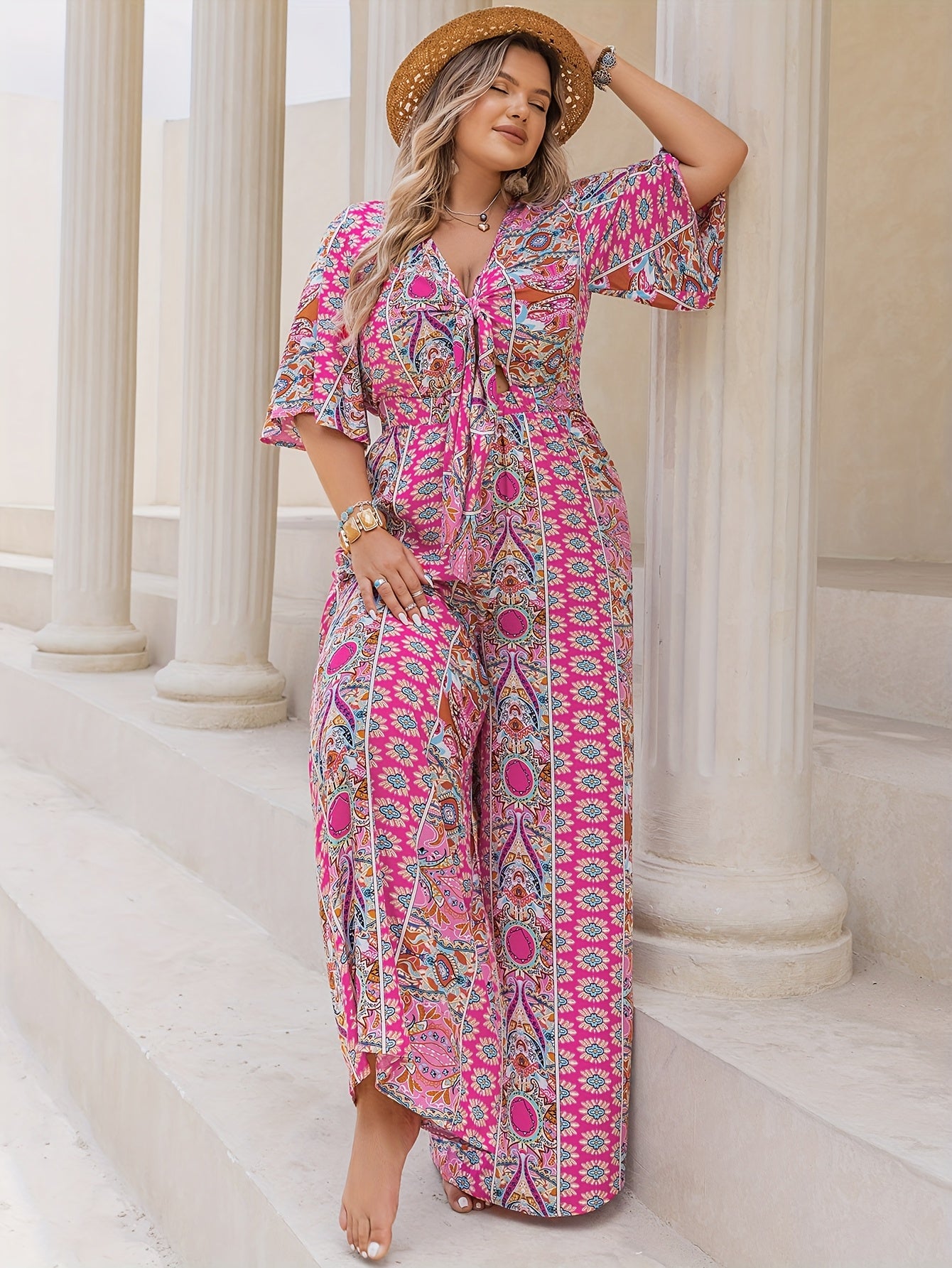 Plus Size Women's Bohemian Floral Print V-Neck Jumpsuit Long Sleeve