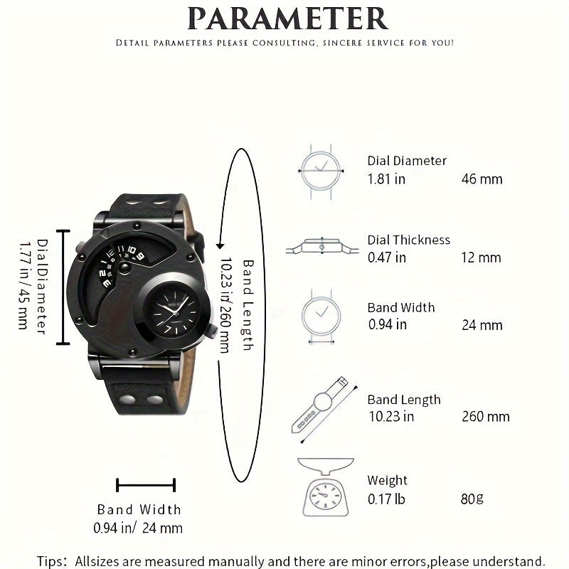 Men's Vintage Dual-Time Watch Denim Strap Alloy Case Quartz Large Dial Not Waterproof