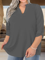 Plus o'lcham ayollar uchun to'liq rangli roll-up ko'ylakli T-shirt, kundalik notched bo'yinli top