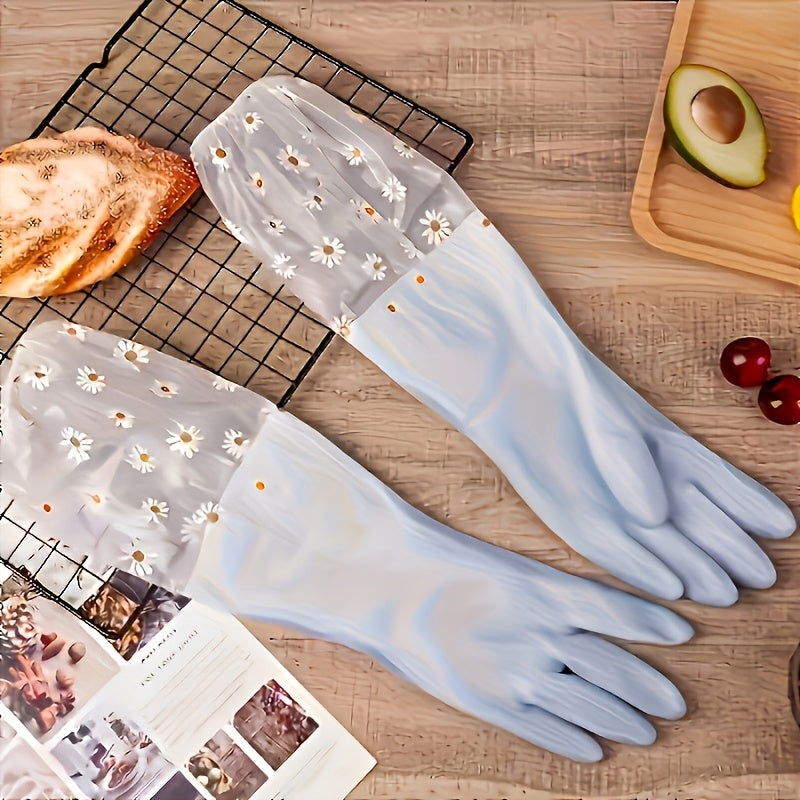 Pink Waterproof PVC Cleaning Gloves with Daisy Pattern for Kitchen and Bathroom