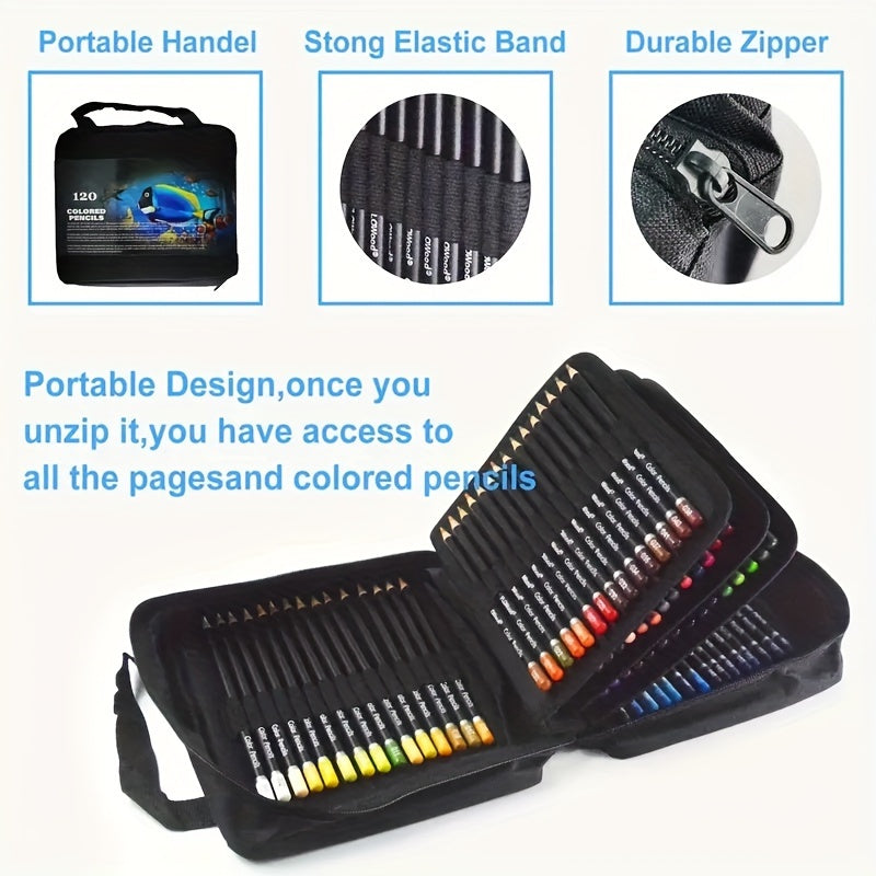 120 Mixed Color Oil-Based Colored Pencils in Wooden Case with Zipper Bag