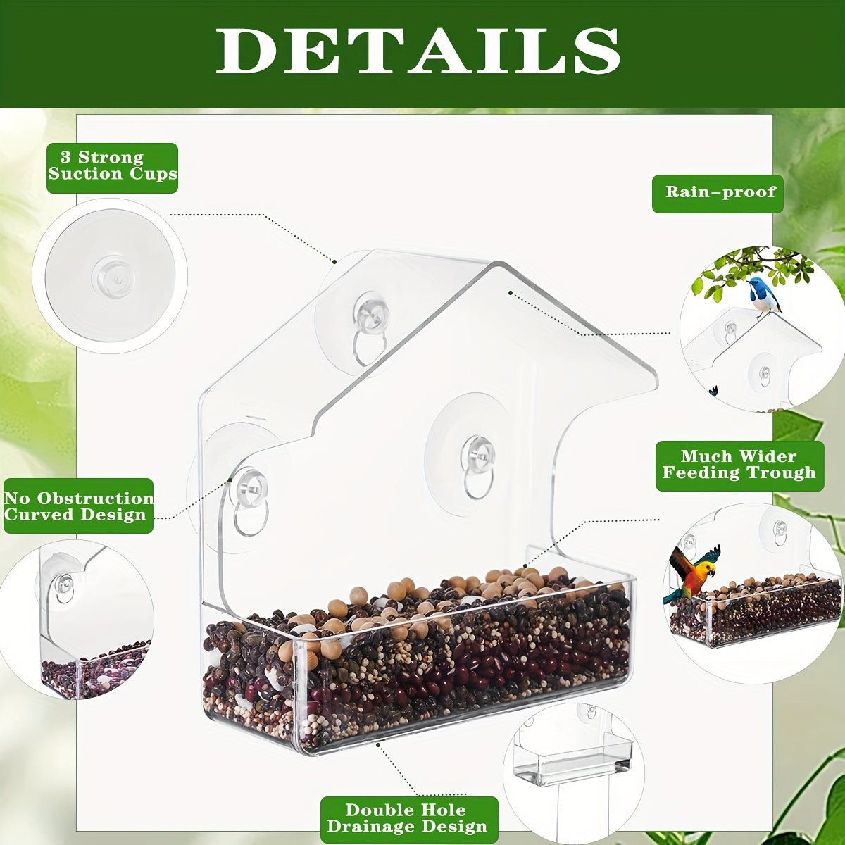 Ochiq havoda yovvoyi qushlar uchun akril qushlar uchun oziqlantiruvchi, bog' bezaklari, bardoshli, shaffof oziqlantirish stantsiyasi