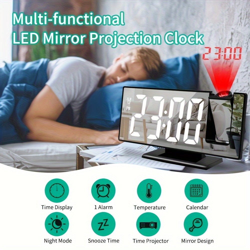 Digital Alarm Clock with Mirror Projection Temperature Calendar USB Powered for Home Office Bedroom