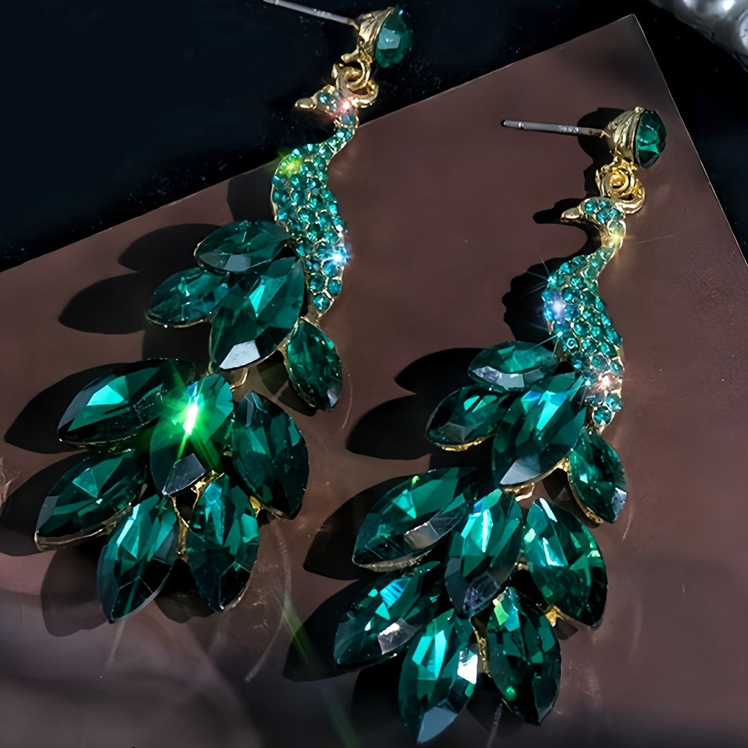Peacock Crystal Drop Earrings Gold Plated Alloy Rhinestones Silver Studs Green Red Women