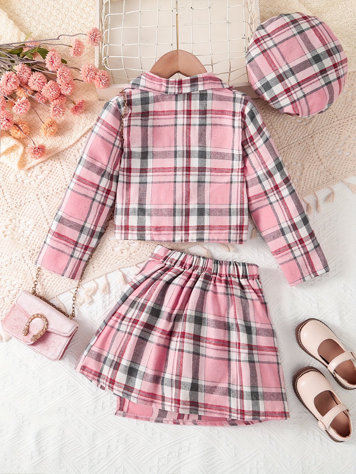 Girls' 3-Piece Outdoor Set with Knit Jumpsuit Skirt and Hat Gingham Pattern Cotton Polyester Fall Winter