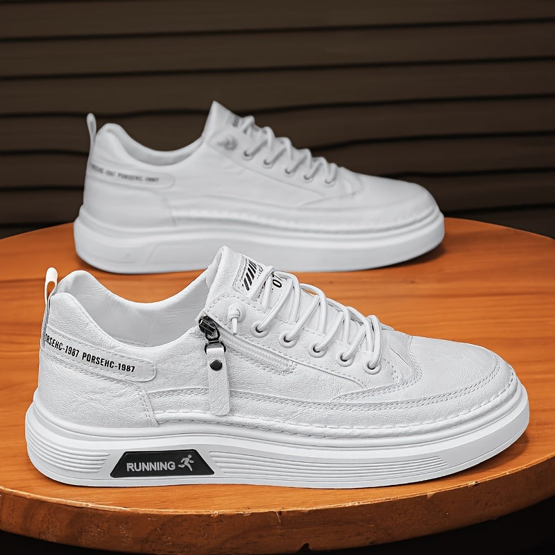 Men's White Faux Leather Sneakers with Zipper and Rubber Sole for Casual Spring 2024