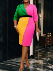 Women’s Color-Block V-Neck Sleeveless Midi Dress with Stretchy Fabric