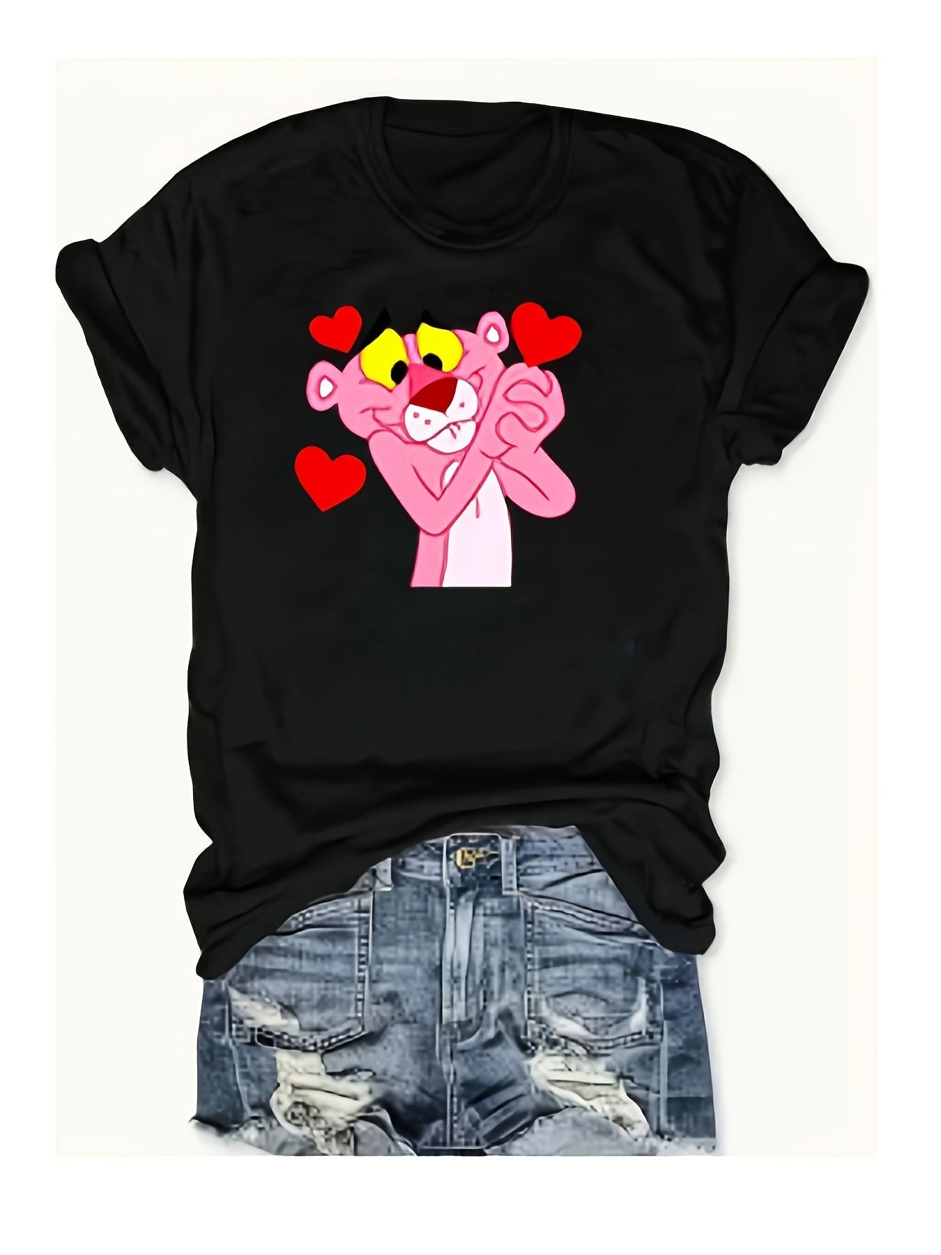 Plus Size Women’s Black Short Sleeve T-Shirt with Pink Panther Print