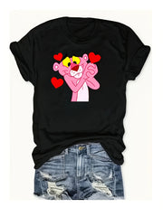 Plus Size Women’s Black Short Sleeve T-Shirt with Pink Panther Print