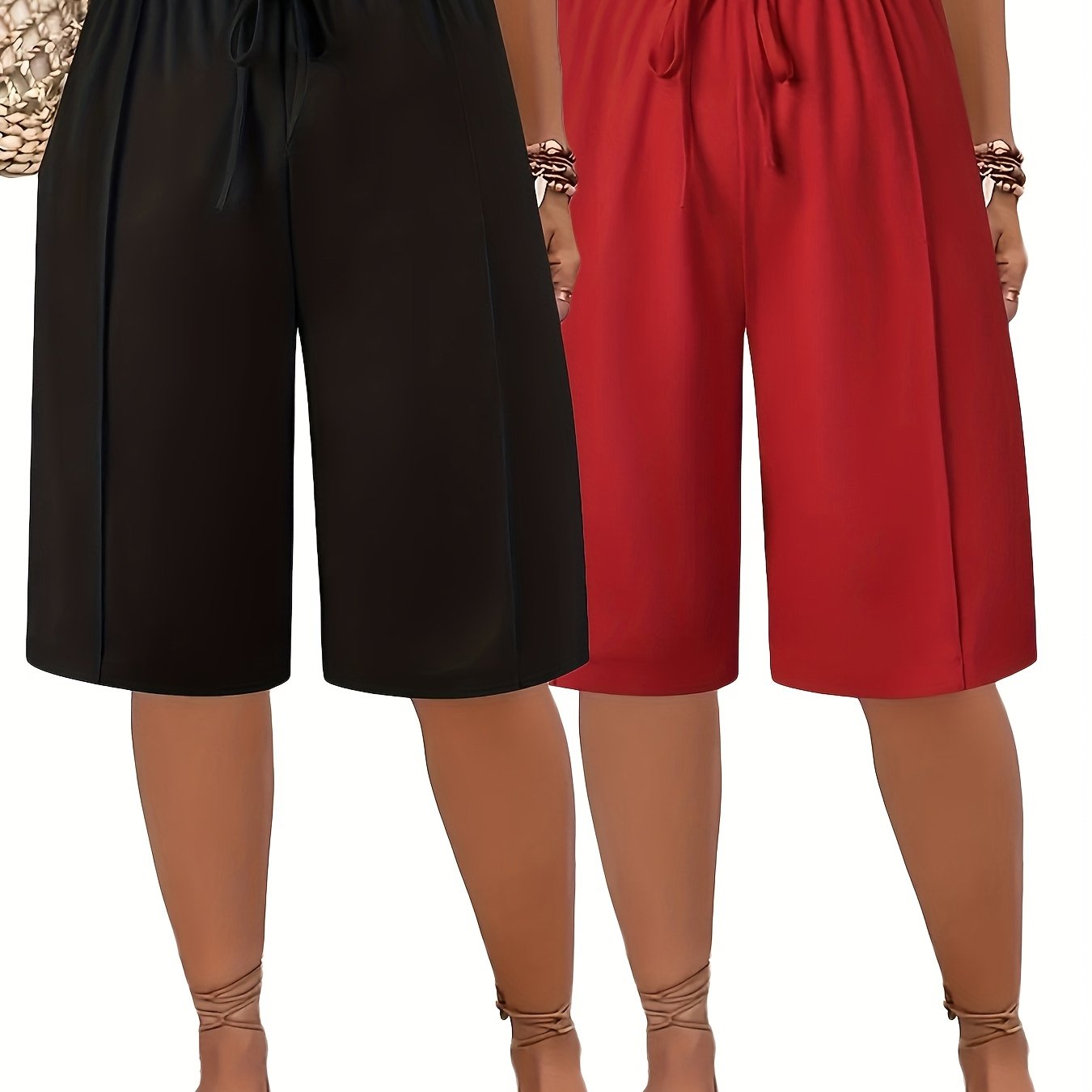 Plus Size Women's Elastic Waist Casual Mid-Length Shorts Black Burgundy 2 Pack