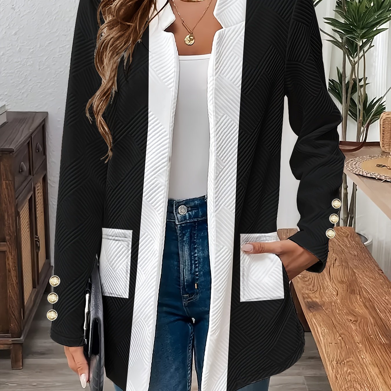 Women's Lightweight Blazer with Pockets Solid Color Geometric Texture Long Sleeve V-Neck