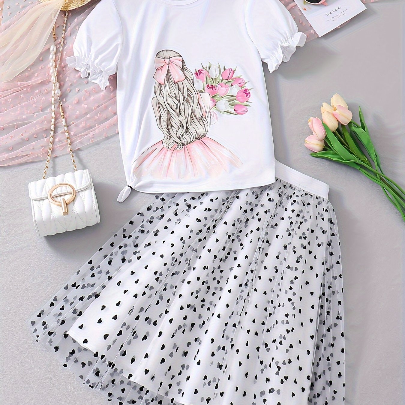 Conjunto de camiseta y falda para niñas con gráfico de dibujos animados para fiestas al aire libre en verano