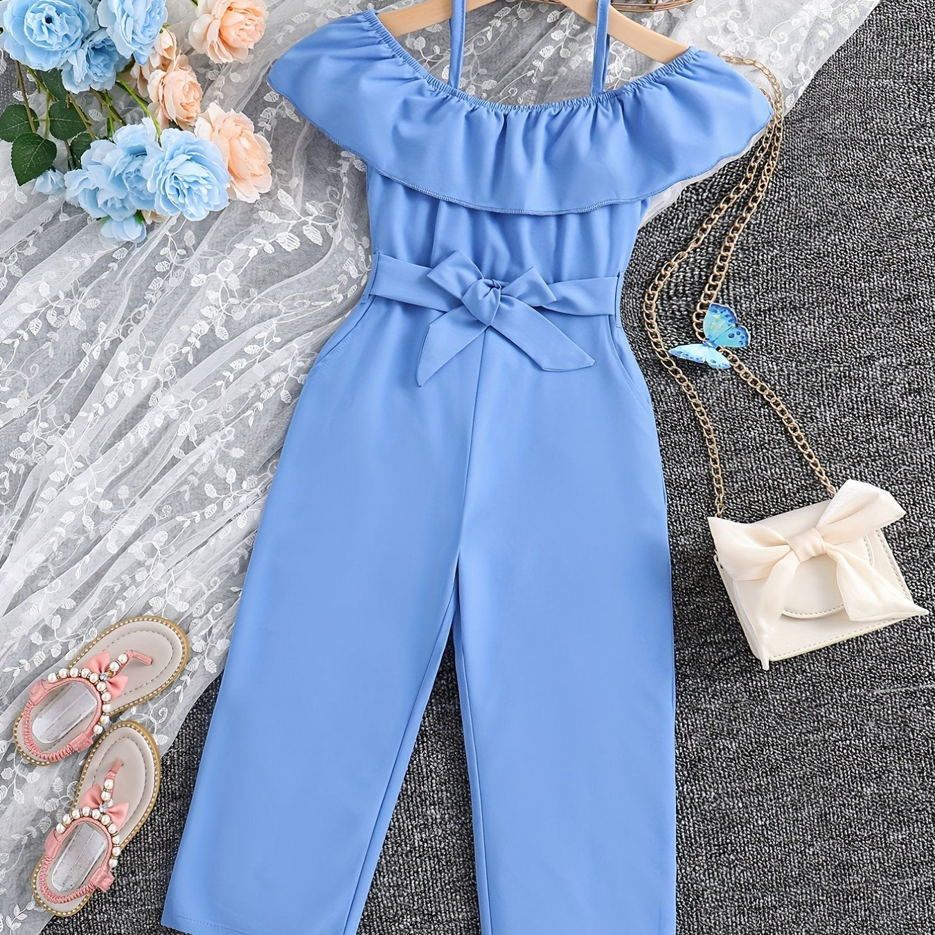 Девочки Рюфель Ками Комбинезон Открытые плечи Пояс Лето Весна Осень Детский Тканый Полиэстер