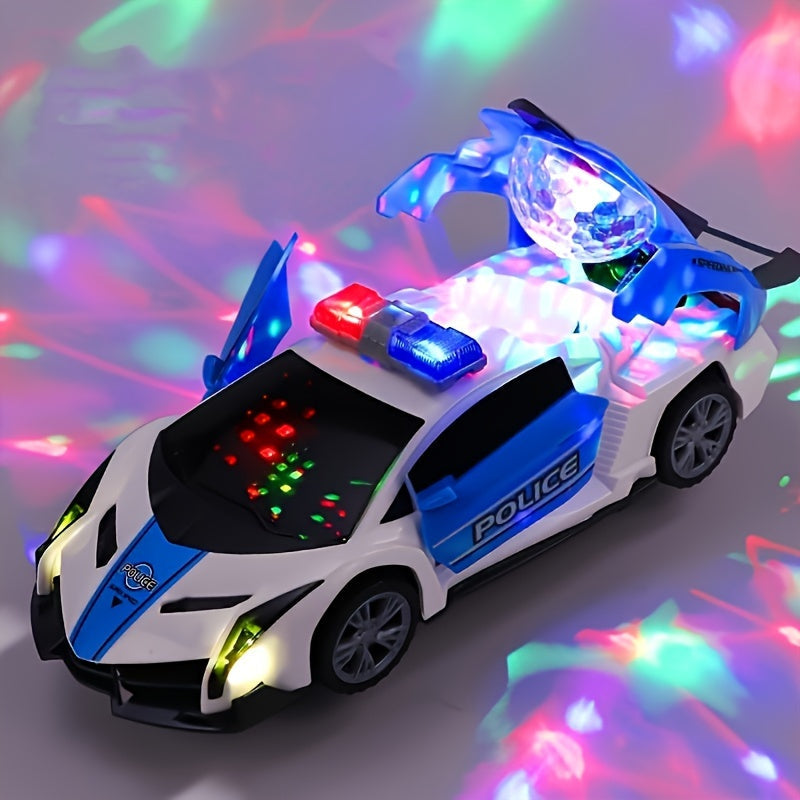 Juguete de coche de policía azul para niños con diseño transformable de rotación de 360°, luces eléctricas y música