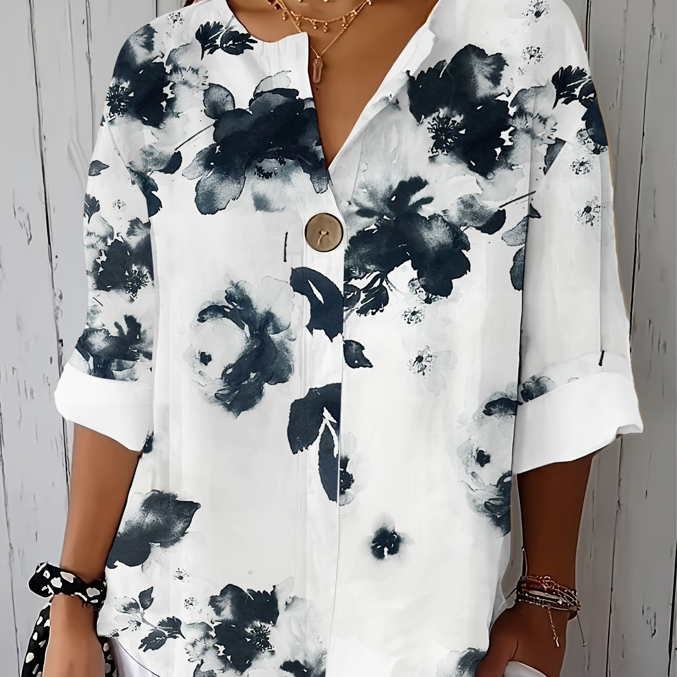 Women's Plus Size Patchwork Blouse With Decorative Buttons