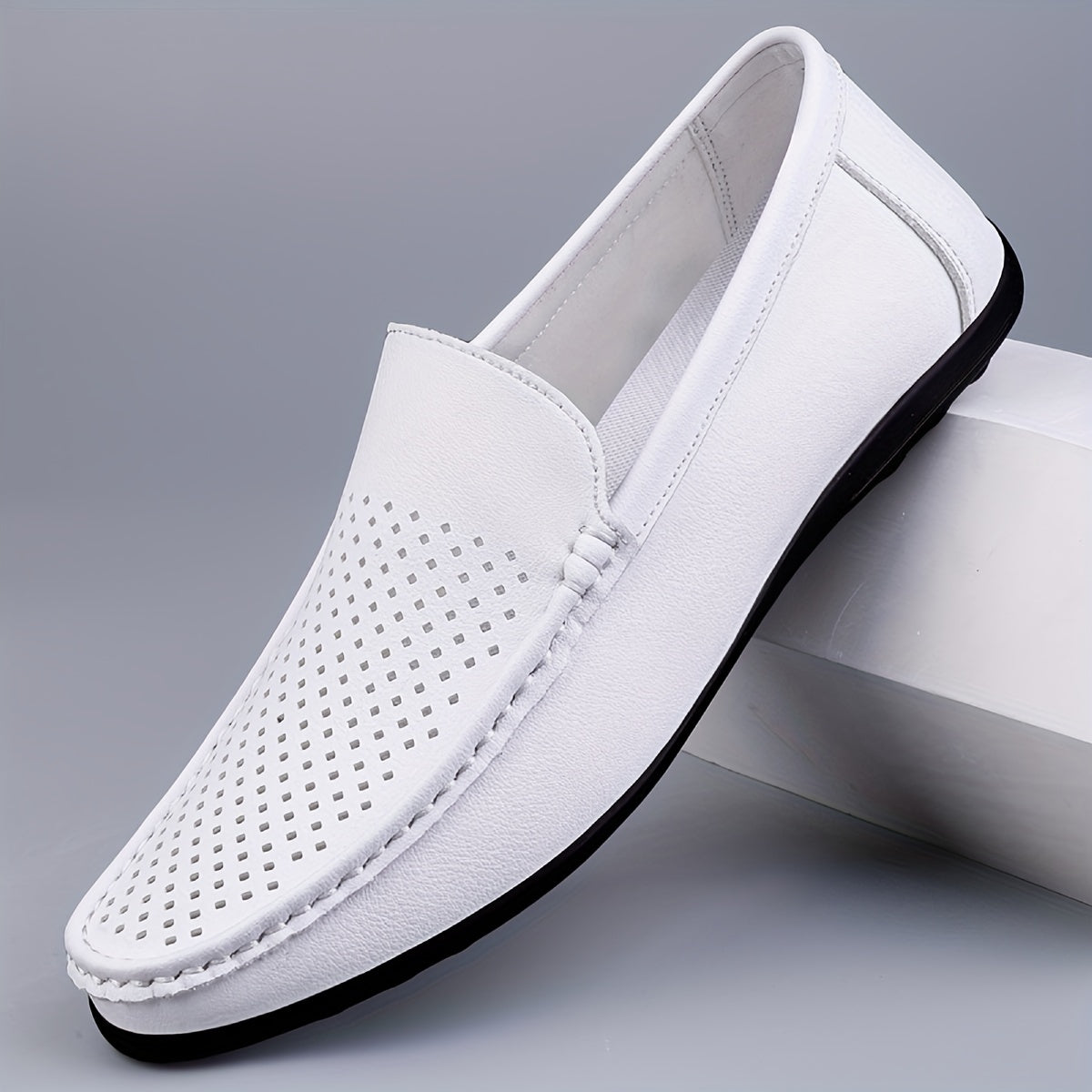 Men's White Leather Slip-On Loafers Spring Summer Breathable Perforated Comfort