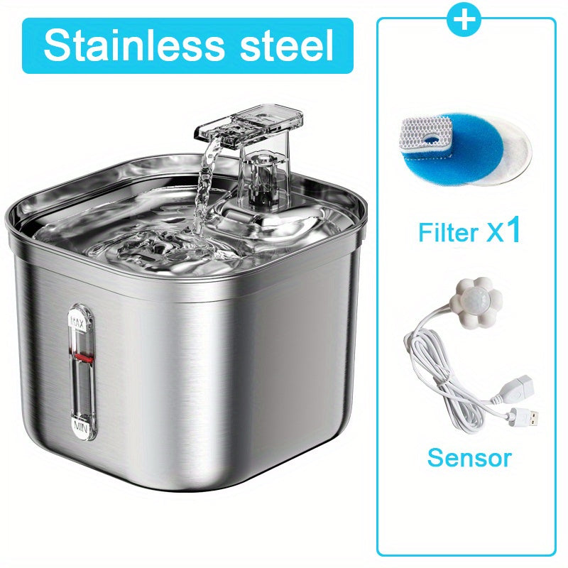 2L Stainless Steel Cat Water Fountain with USB Power and Filtration