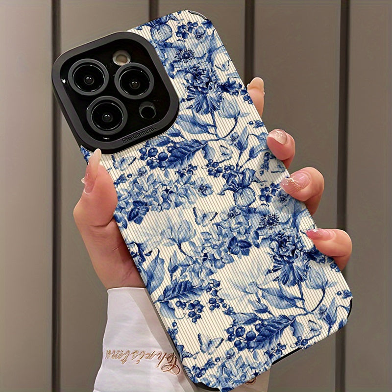 Funda de TPU con diseño floral azul para iPhone 16 Pro Max y otros modelos con cubierta de silicona anticaídas y cuero