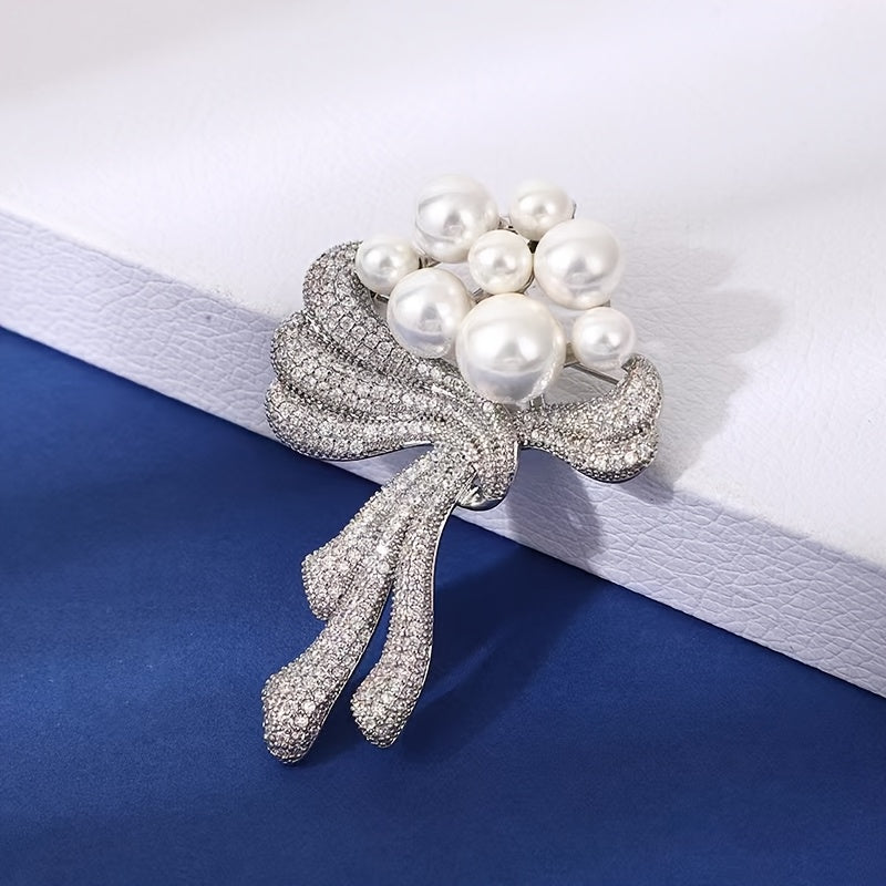 Elegant Rhinestone Faux Pearl Bouquet Brooch Pin with Crystal Flower and Bow