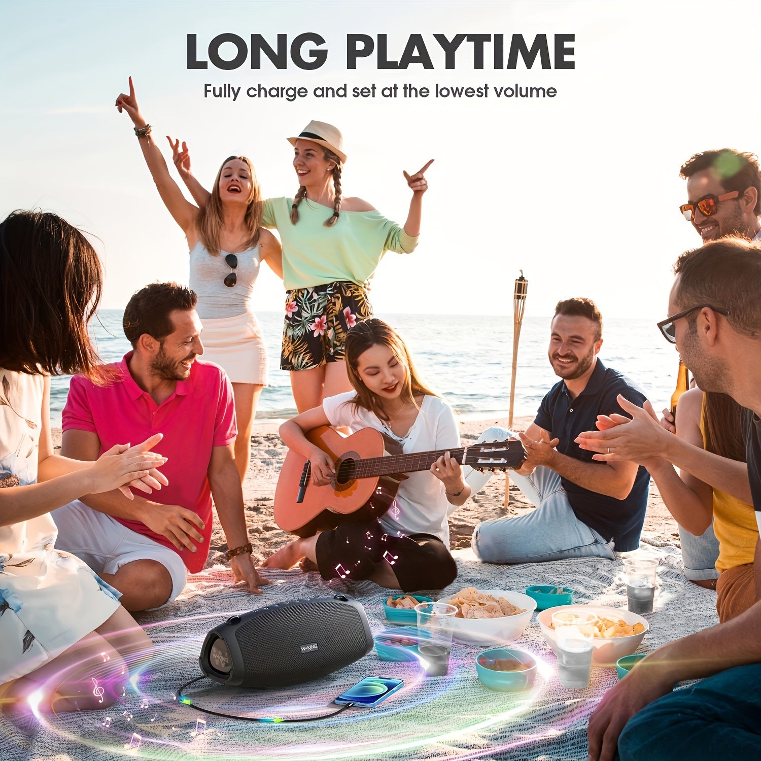 W-KING portativ simsiz dinamik, 90W cho'qqi quvvat, stereo ovoz, ikki tomonlama EQ, bass kuchaytirish, USB zaryadlash, 4-dinamik tizim, tugma boshqaruvi, TF karta sloti, AUX-IN, tashqi foydalanish uchun olib tashlanadigan tasma.