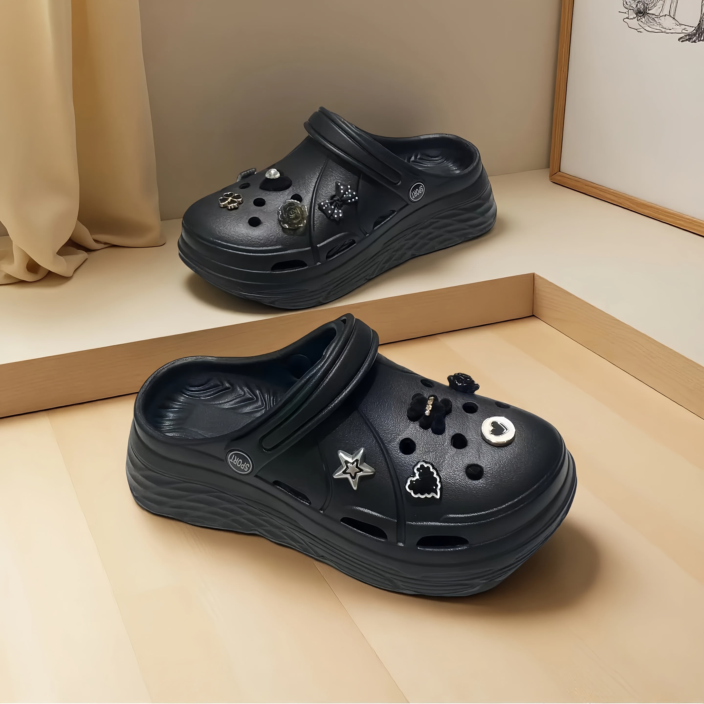 Women's Summer Fashion Shoes Black Illustration Casual Block Heel