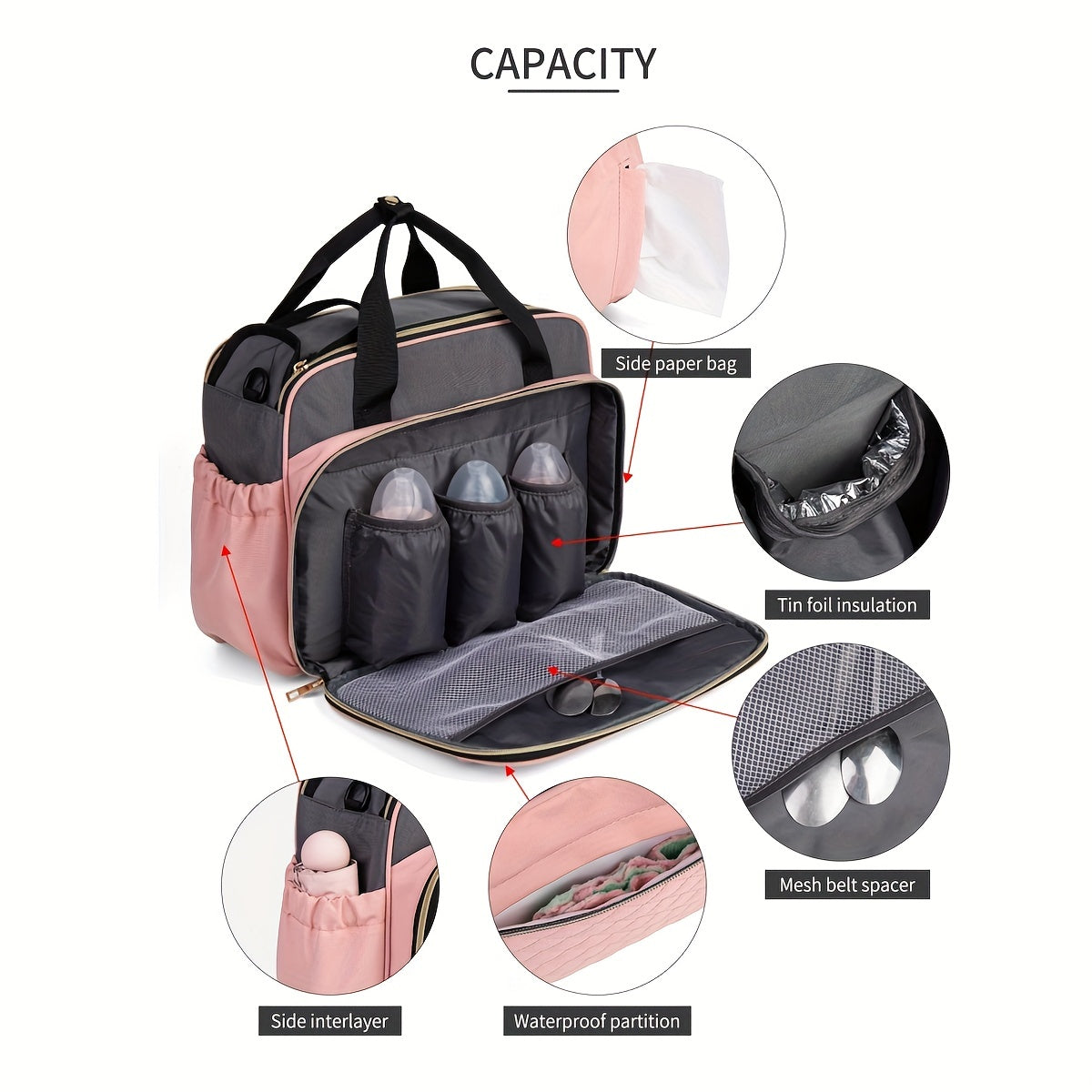 Diaper Bag Waterproof Multi-Compartment Mommy Tote with Crossbody Strap for Travel