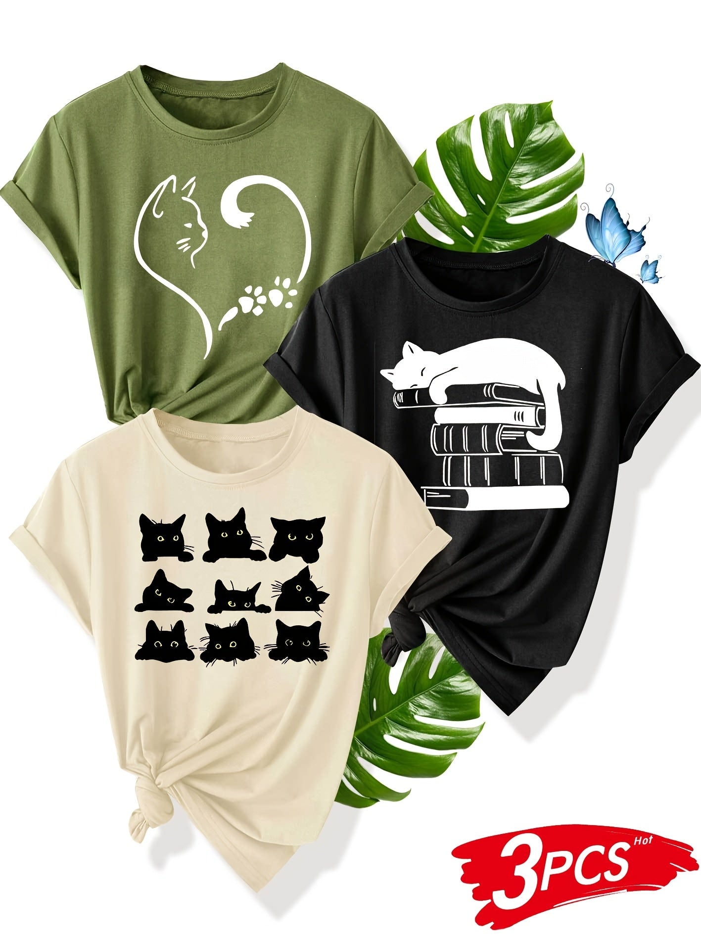 Camisetas de mujer con estampado de gato, poliéster, manga corta, cuello redondo, pack de 3
