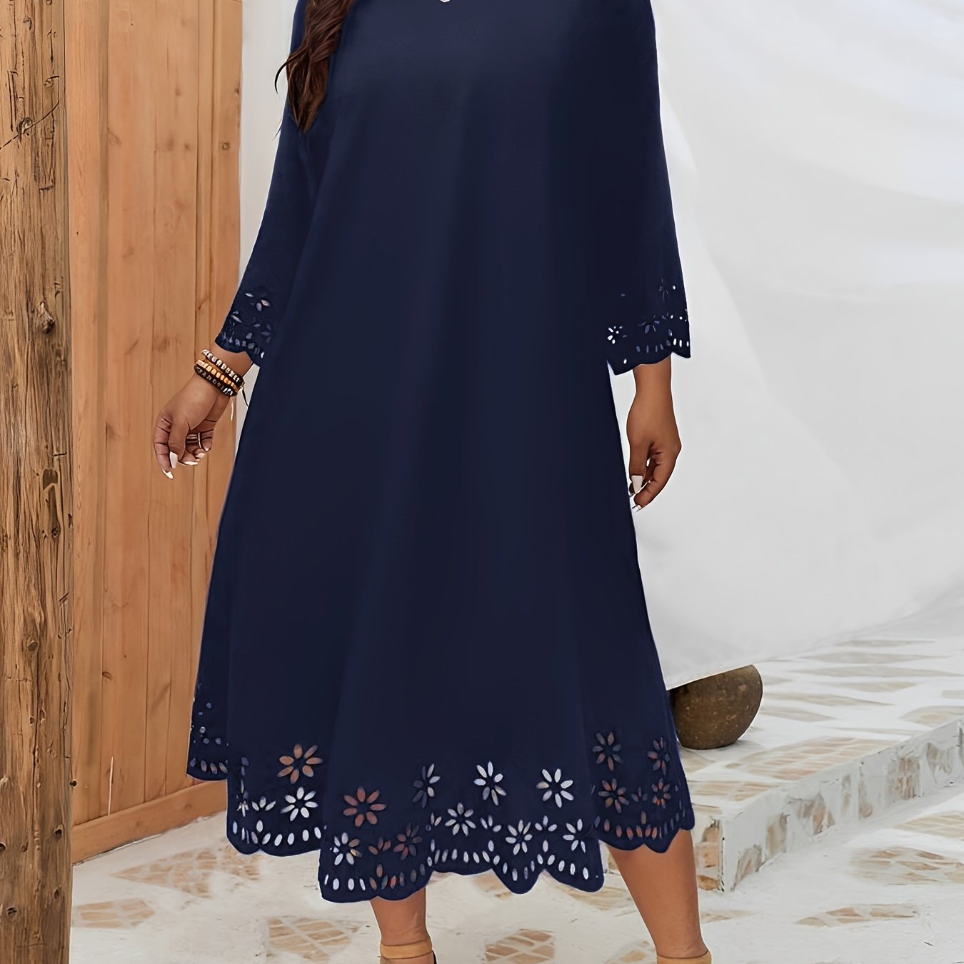 Midi Dress for Women with Laser-Cut Crew Neck Solid Color Stretch Polyester All Seasons