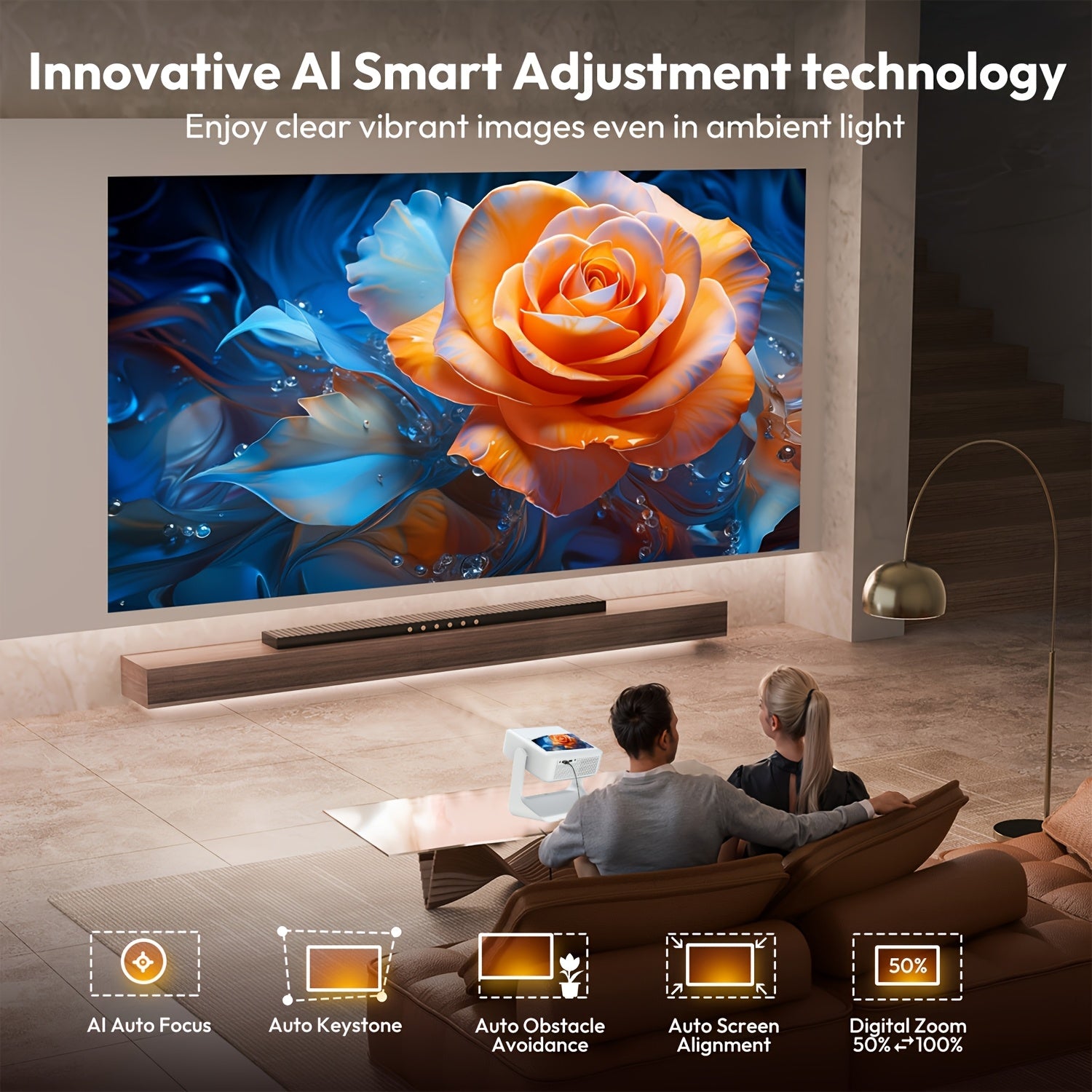 Портативный 4K домашний кинотеатр с сенсорным экраном, автофокусом и WiFi6