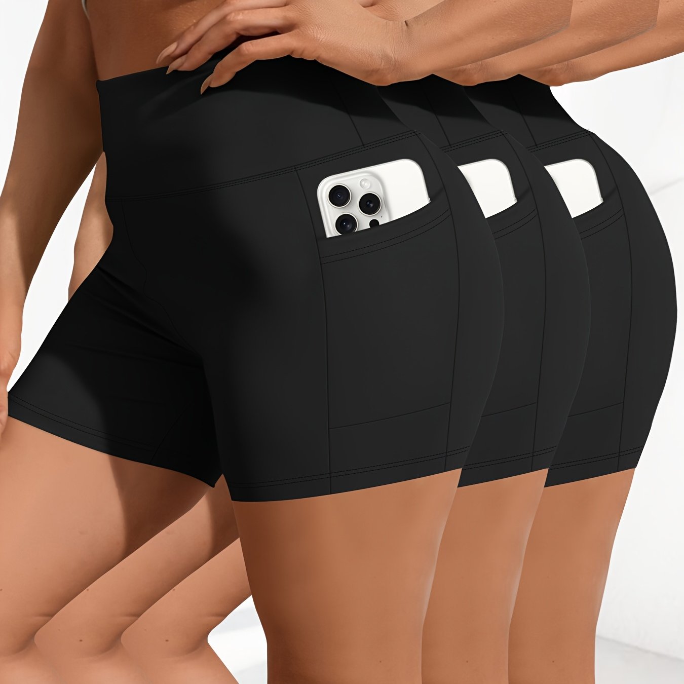 Women's High-Waist Stretchy Shorts with Pockets 3-Pack Black Gray Dark Purple