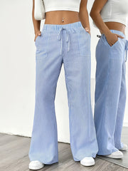 Pantalones anchos de poliéster azul claro para mujer con cinturilla con lazo