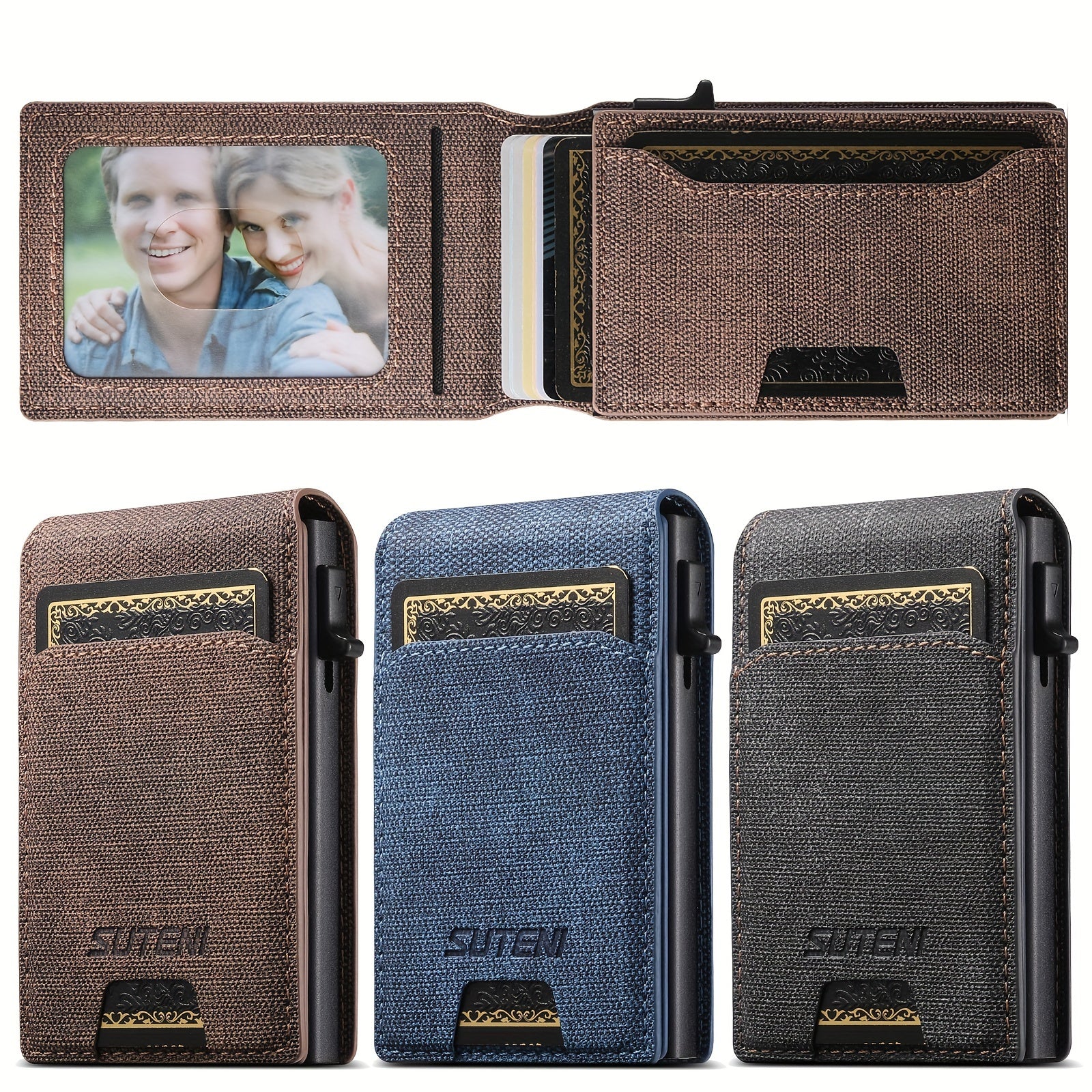 Men Women Bifold Wallet Leather Card Holder with Photo Slot in Black Brown Blue