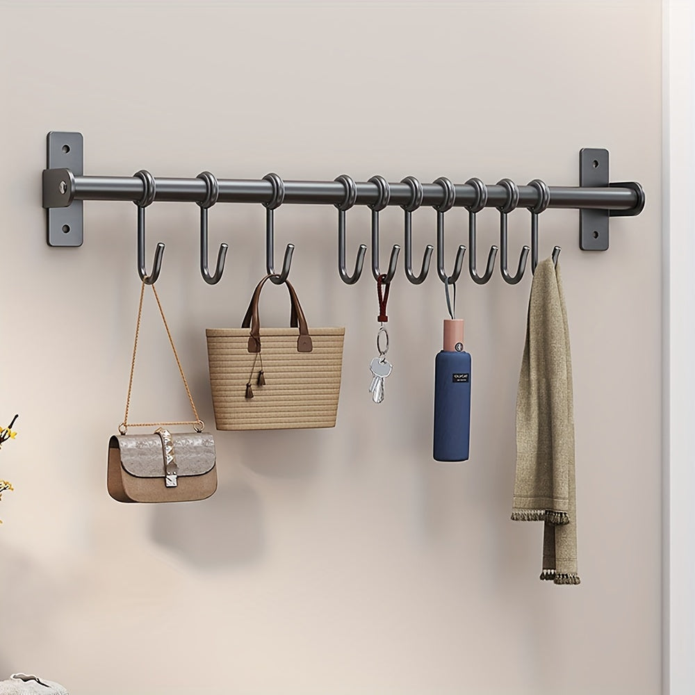 Wall-Mounted Steel Storage Rack with Hooks for Kitchen and Entryway Organizer