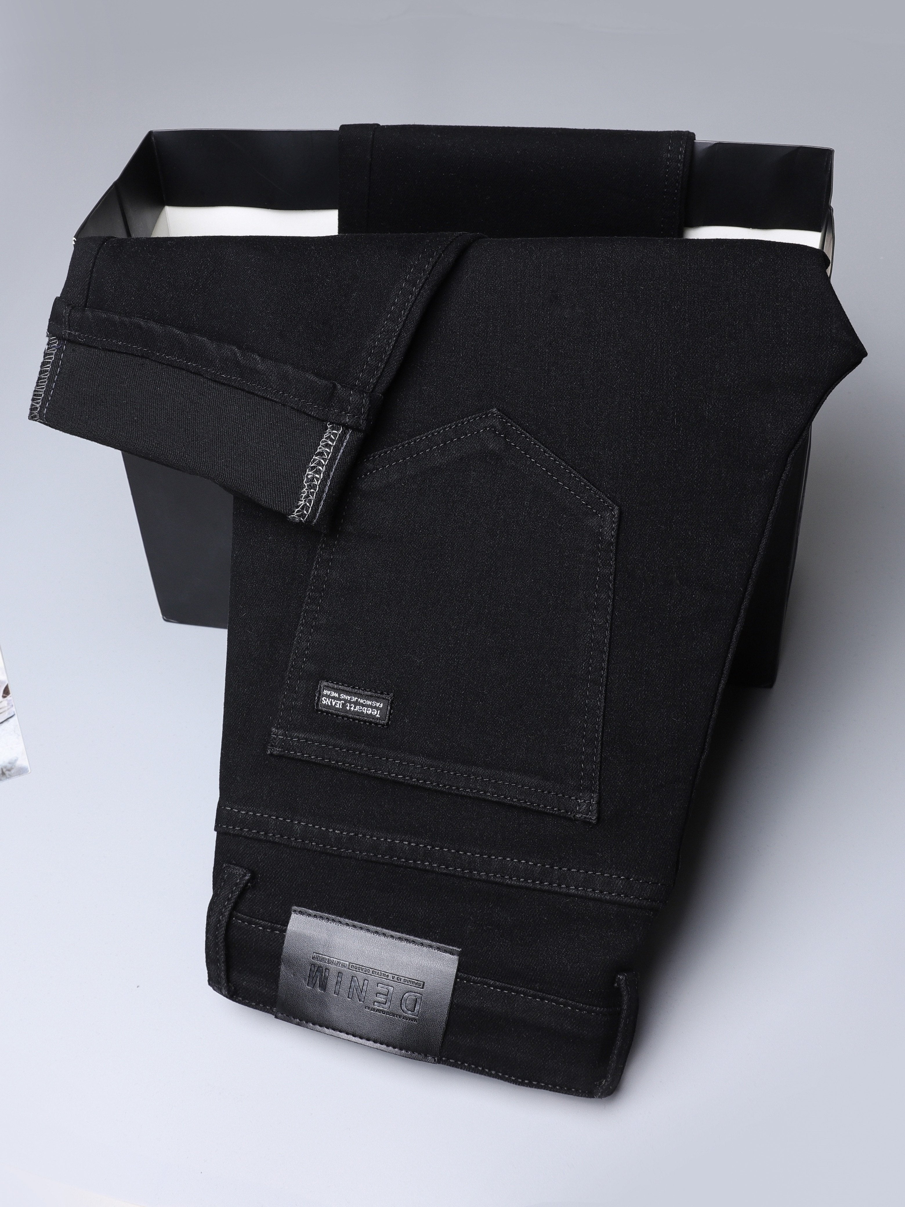 Jeans de mezclilla ajustados para hombre, de tela elástica, negros, de tiro medio, casuales, para todas las estaciones