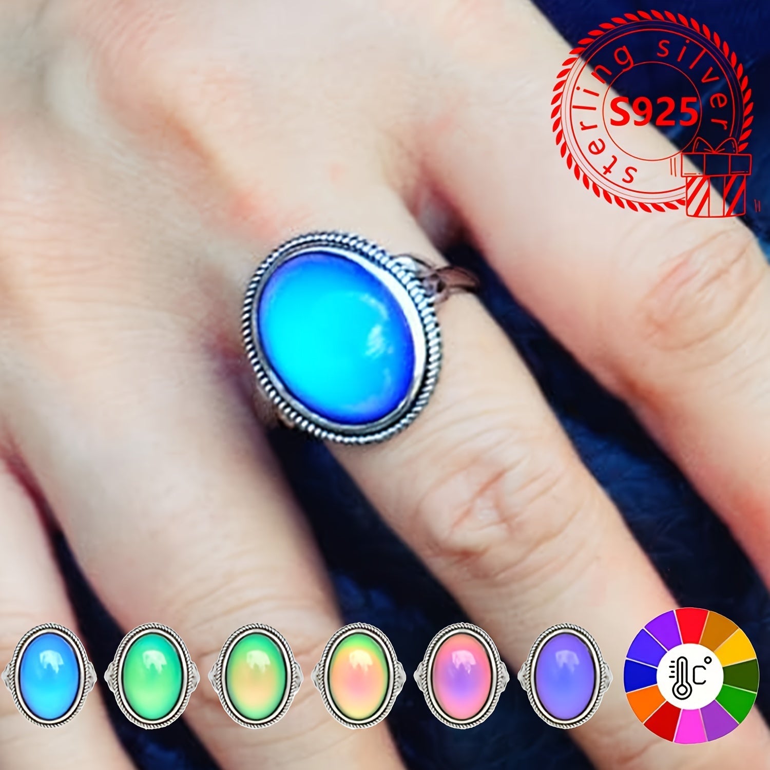 Women Silver Ring with Color Changing Temperature Sensitive Design Elegant Jewelry Gift