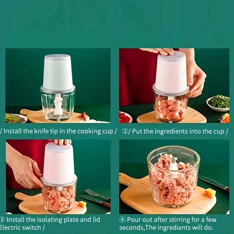 USB bilan qayta to'ldiriladigan elektr go'sht maydalagich va oziq-ovqat protsessori - 0.6L shisha blender, 6 ta o'tkir pichoq bilan, 148W, yengil to'q rangli asos, shaffof korpus, uy oshxonasida foydalanish uchun mukammal