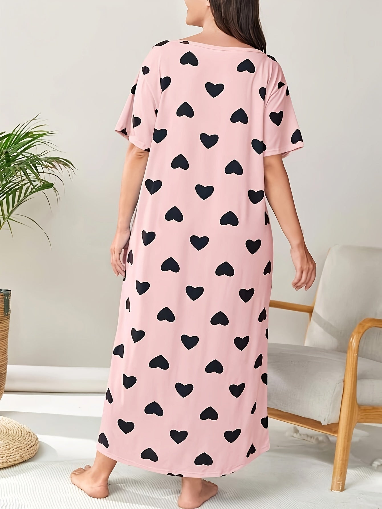 Women's Plus Size Heart Print Short Sleeve Sleep Dress