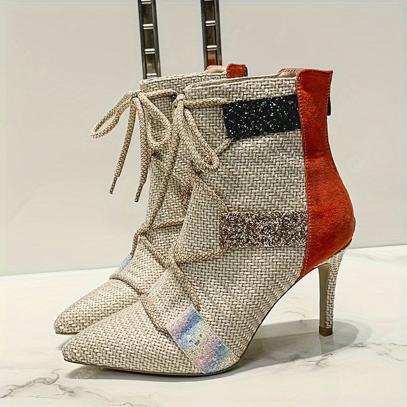 Women's Ankle Boots Glitter Accents Striped Fabric Stiletto Heels
