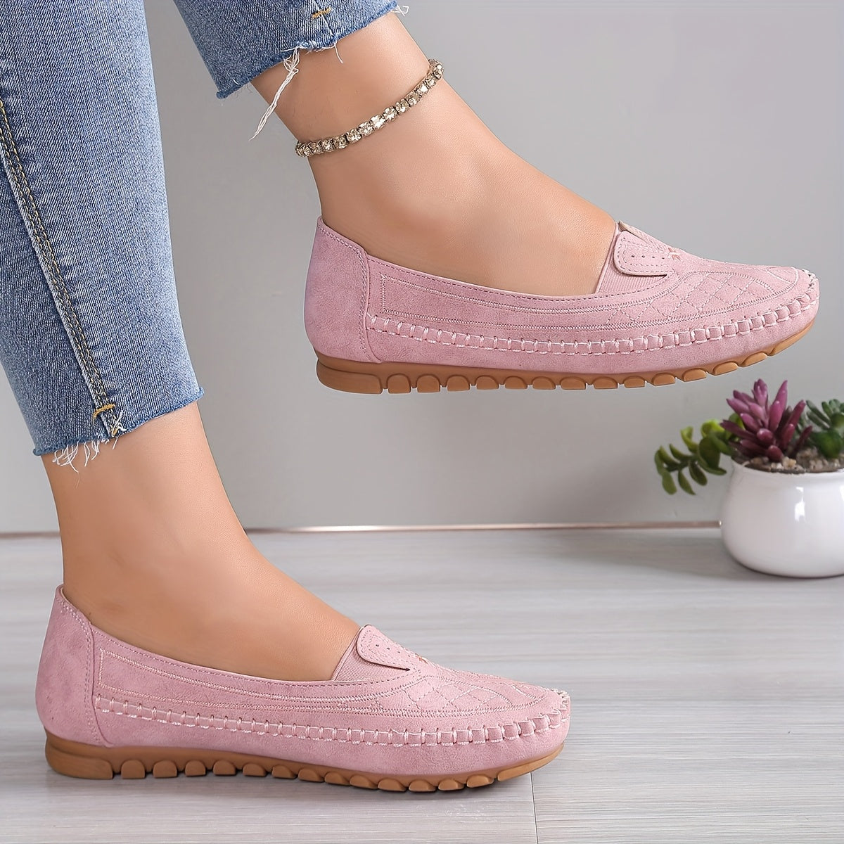 Women's Ballet Flats Faux Cover Slip-On Casual Shoes Cushioned TPR Sole