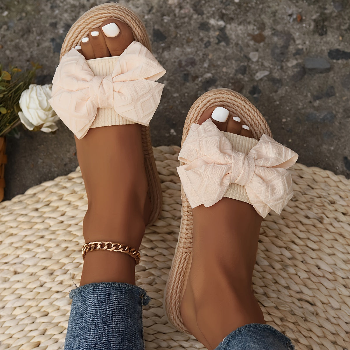 Women's Bowknot Decor Slide Sandals Casual Flat Summer Footwear Open Toe