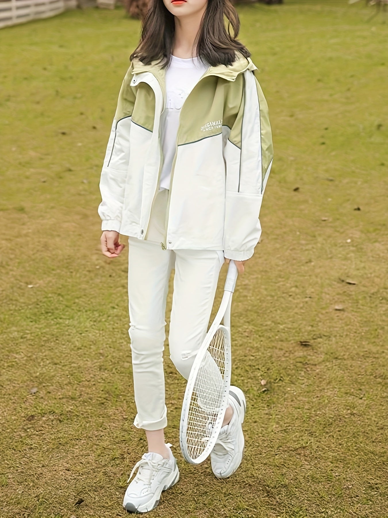 Девочковая ветровка на весну и осень 2024 с капюшоном, с буквенным принтом, из полиэстера, повседневная, свободного кроя