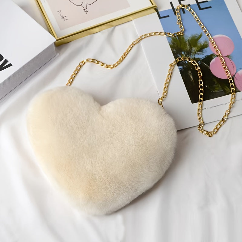 Heart-Shaped Fluffy Faux Fur Shoulder Bag Zipper Closure for Valentine's Day and Casual Use