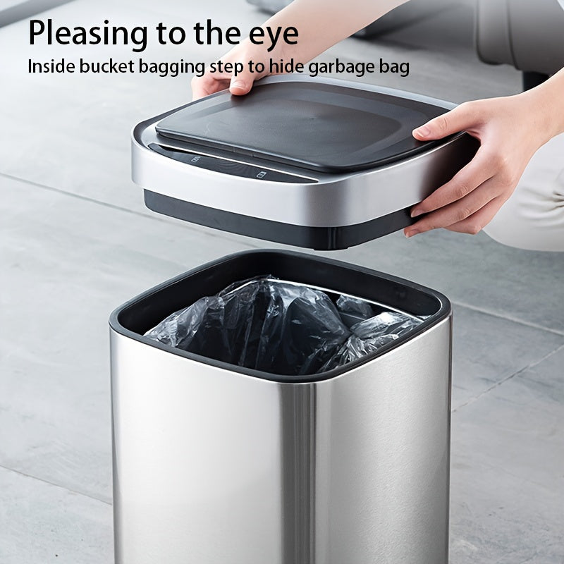 1 dona, Premium Stainless Steel Smart Trash Can - 10L hajm, Ko‘p sensorli faollashtirish, LCD panel, sumka saqlash, qulay batareya o‘rnini almashtirish, Zamonaviy uy dekoratsiyasi uchun ideal.