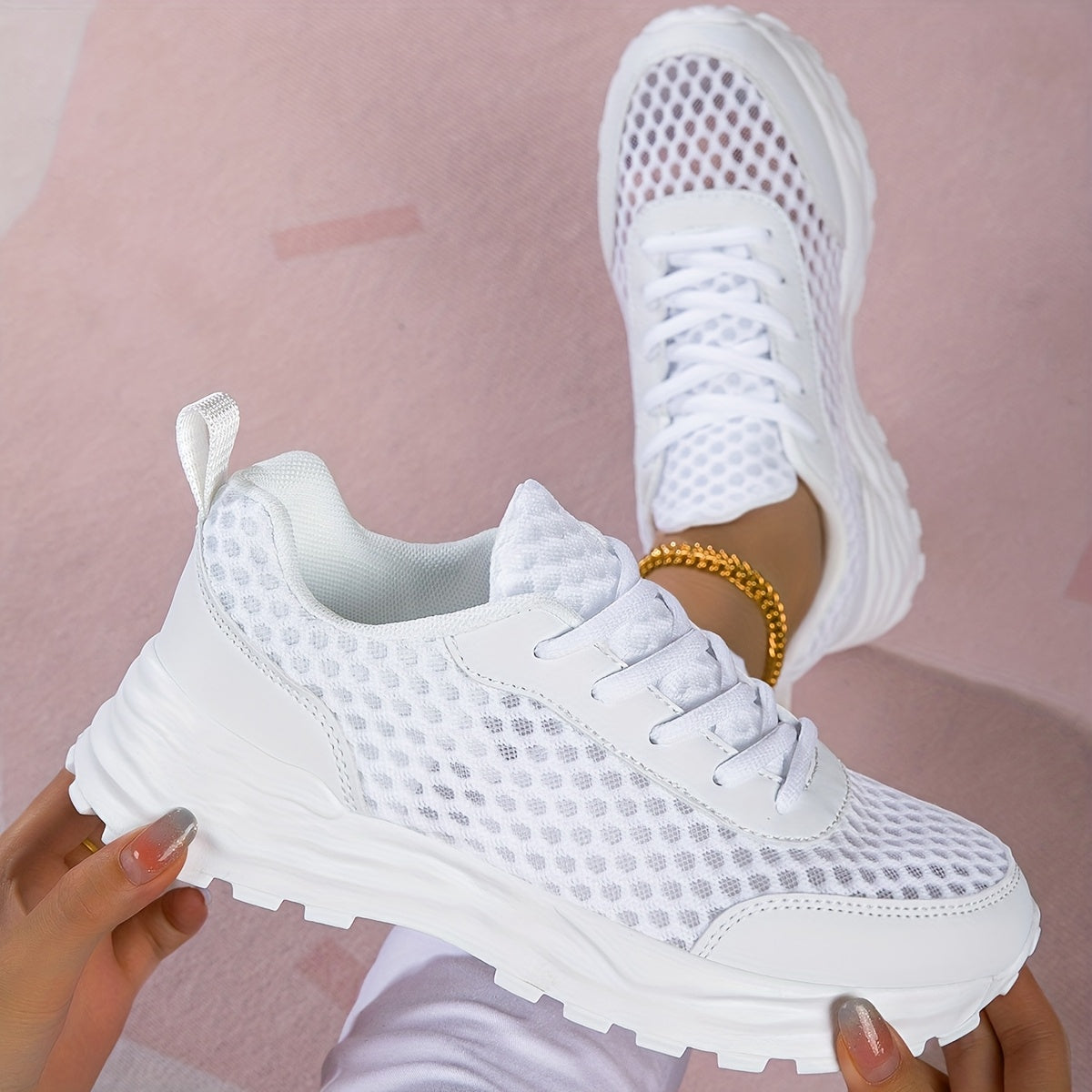 Women's White Casual Perforated Sneakers Low Top Lace-Up Comfort Shoes