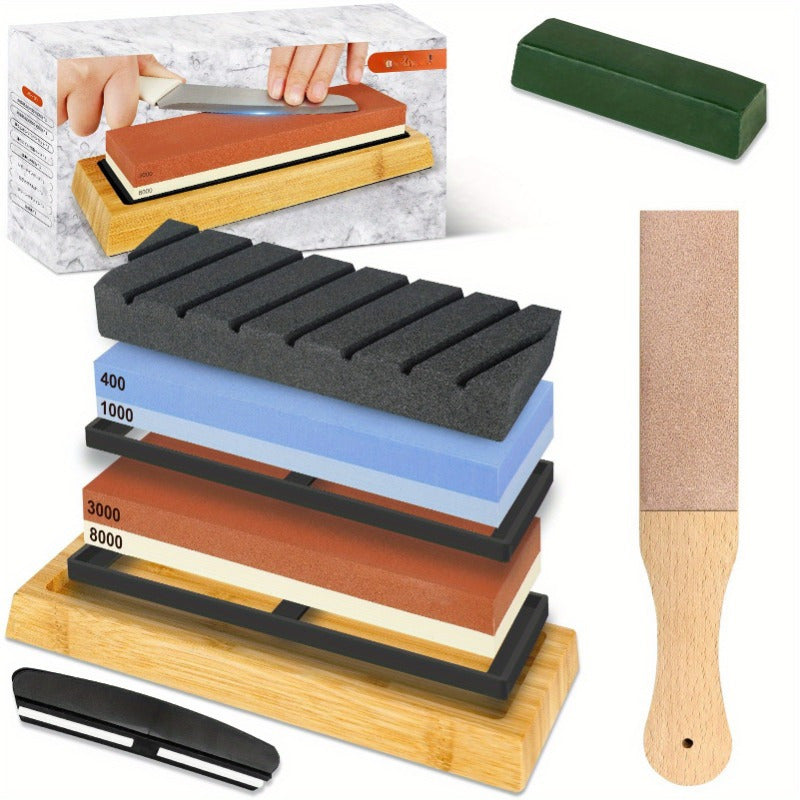 9-ta professional pichoq silliqlash to'plami, sirpanmaydigan asos, tekis toshlar, burchak qo'llanmasi, charm bilan silliqlash