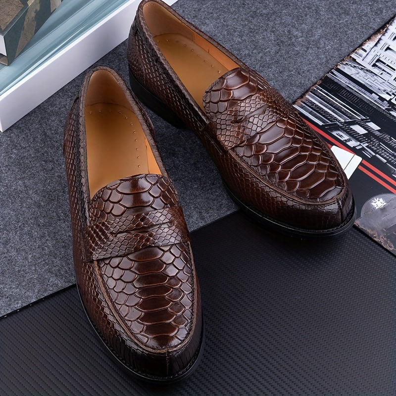Men's Leather Loafers Casual Slip-On Shoes with Embossed Design and Rubber Sole
