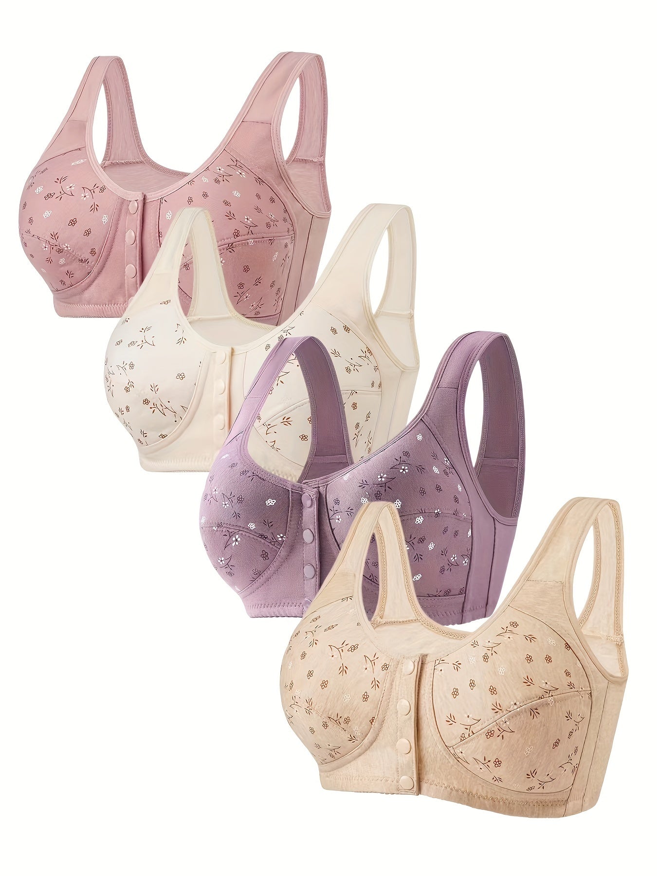 4-Pack Wireless Bras for Women with Front Clasp Light Padding and Beautiful Back Design