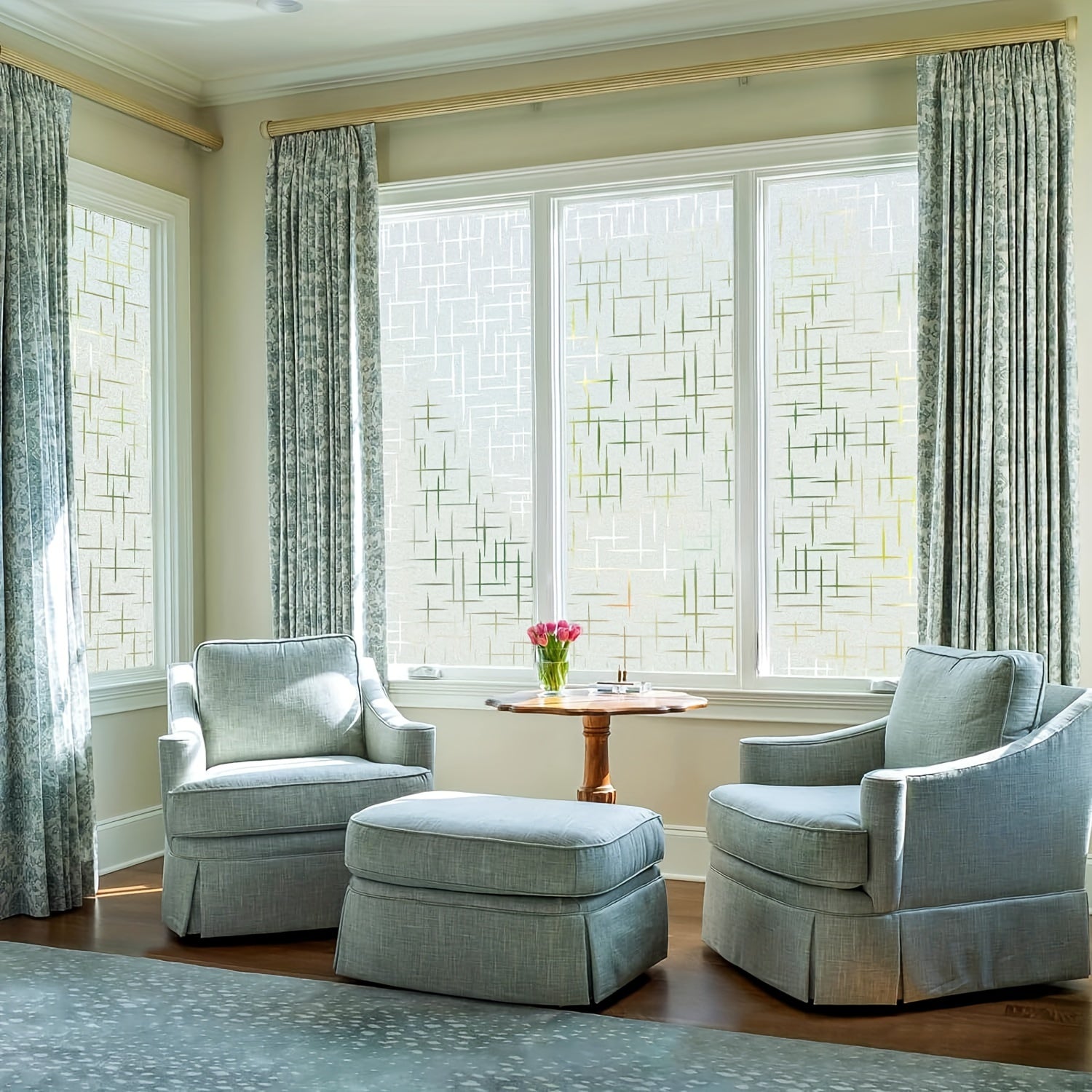 Frosted Glass Window Film with Star Cross Pattern, Non-Adhesive Static Cling, Privacy UV Protection